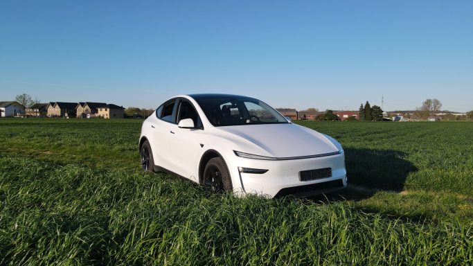 Weißes Elektroauto auf einer Wiese unter klarem Himmel.